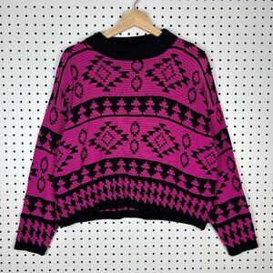 Vtg 90s Aztec Pink Black‎ Sweater Women's Medium USA Made Western Cropped Y2K